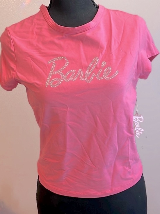 Barbie Tops - Barbie Women's Pink Rhinestone Logo Tee